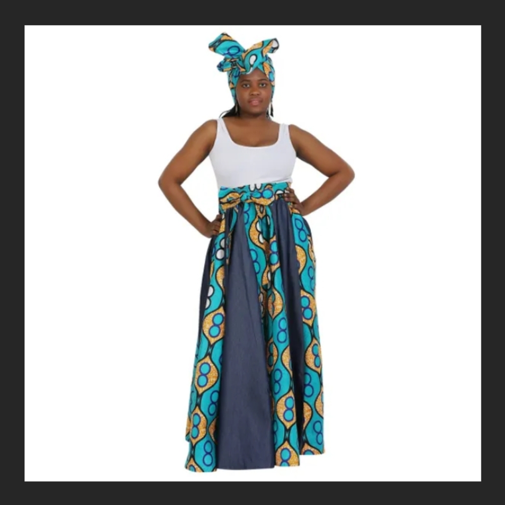 Advance Apparels - Denim and African Print Long Maxi Skirt One Size